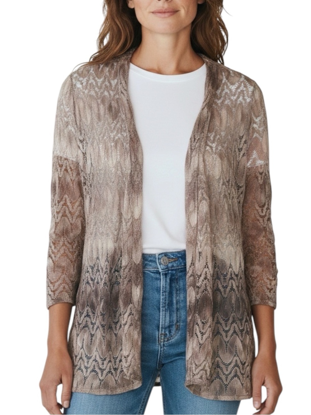 CHICO’s Travelers Taupe Patterned Open-Front Cardigan Sweater Size 1 (6-8) - Picture 1 of 9